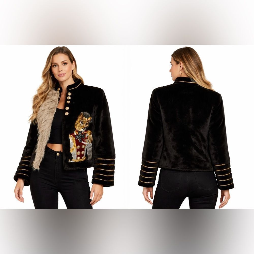 Stylish Black Faux Fur Jacket with Cat Embroidery, M-L